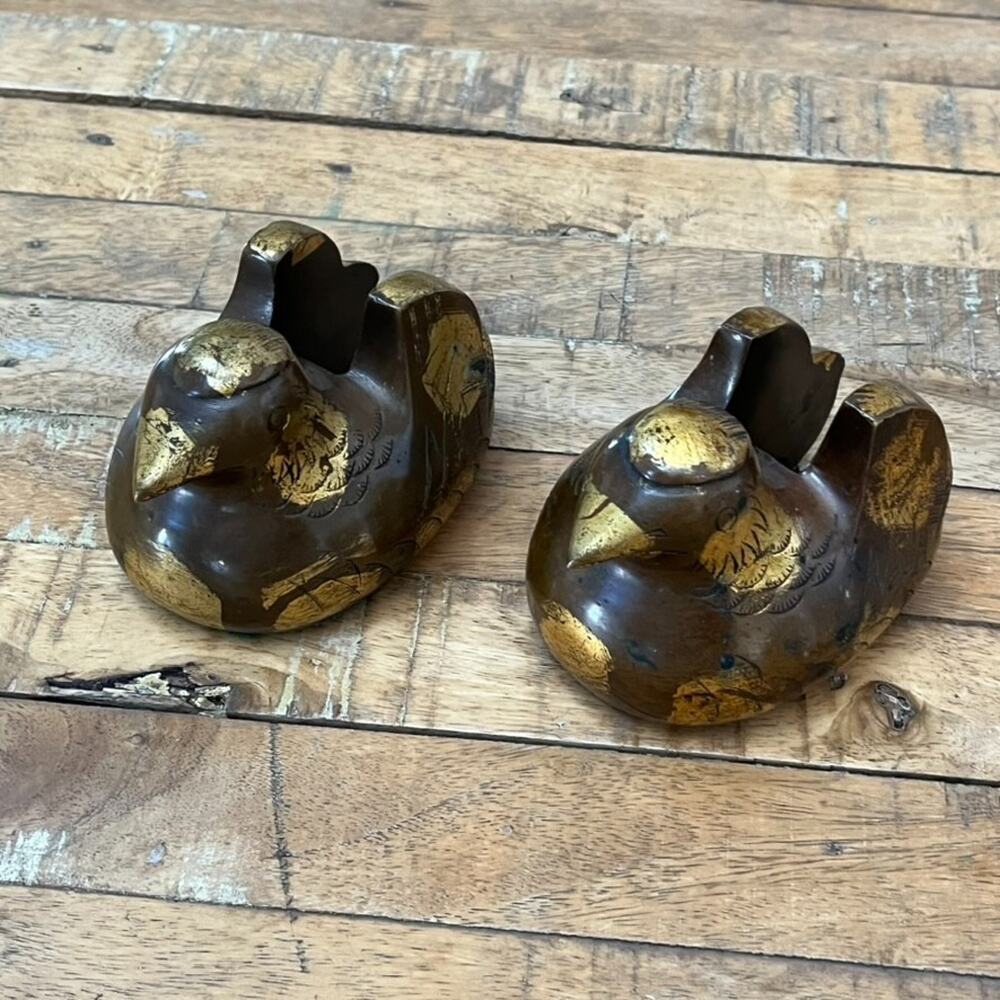 Pair Antique Meiji Period 1800s Screen Holder Mandarin Duck Bronze